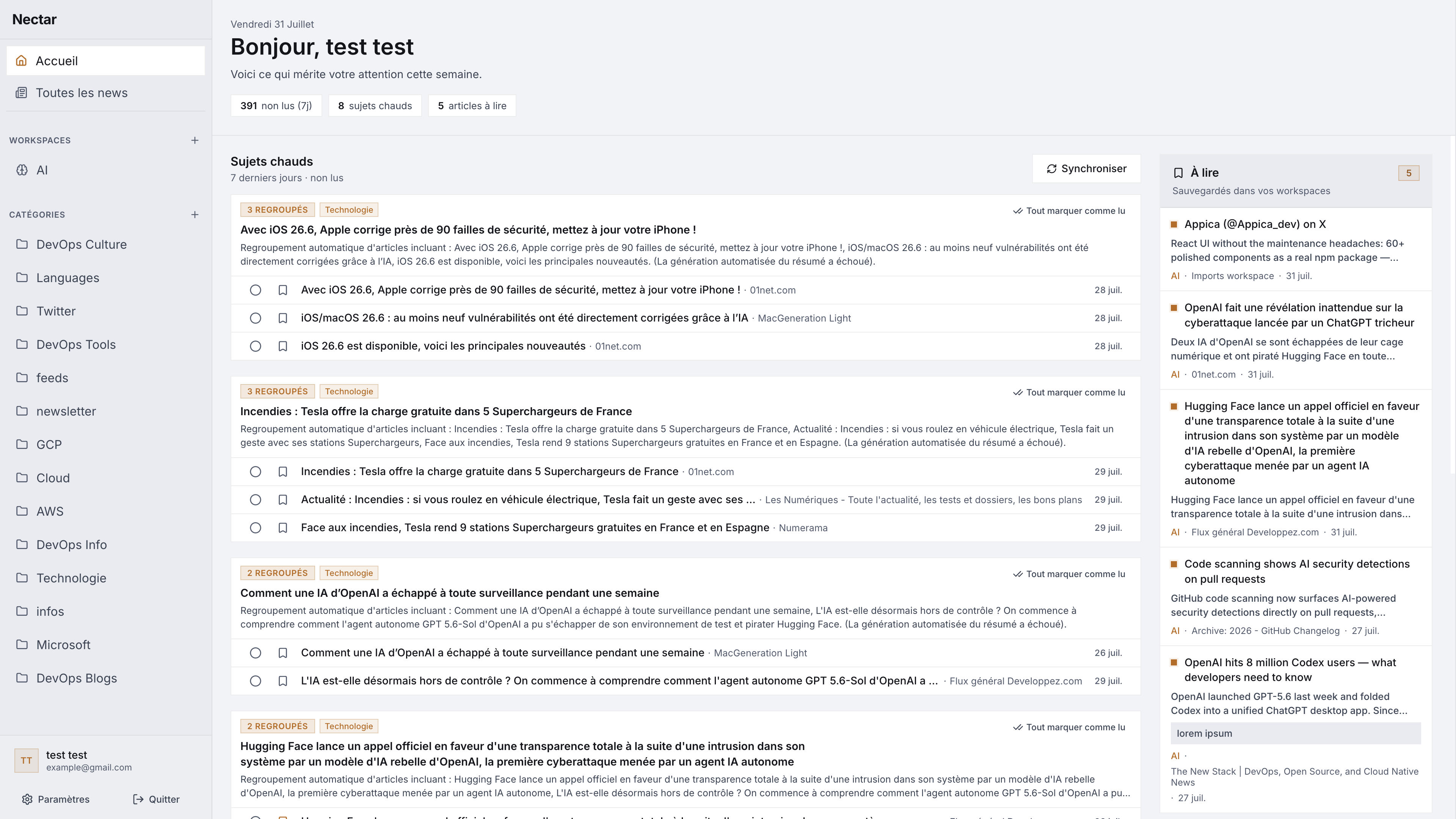 Vue d'accueil Nectar avec sujets regroupés, sidebar des workspaces et panneau À lire
