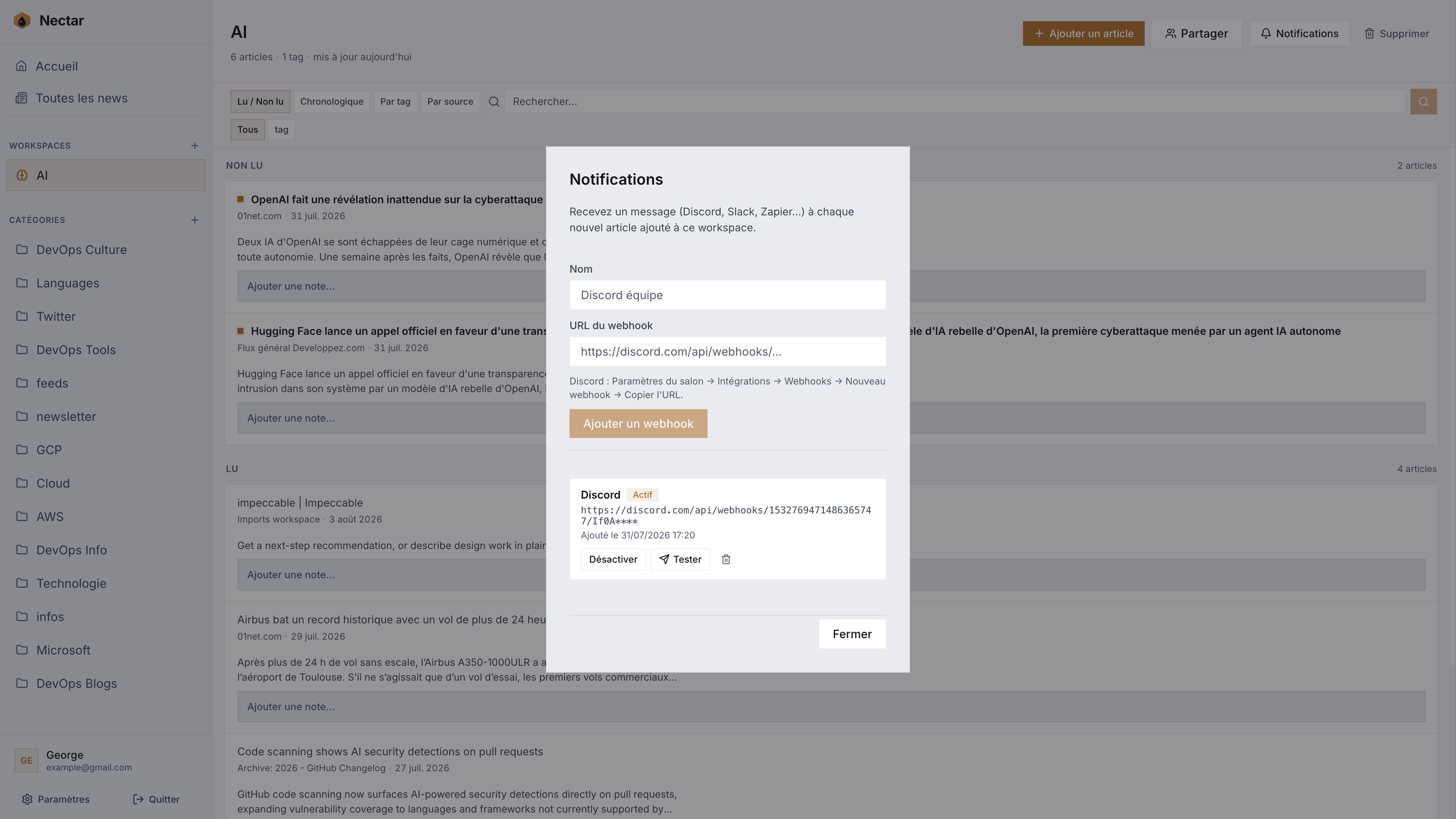 Configuration des webhooks et notifications pour un workspace Nectar