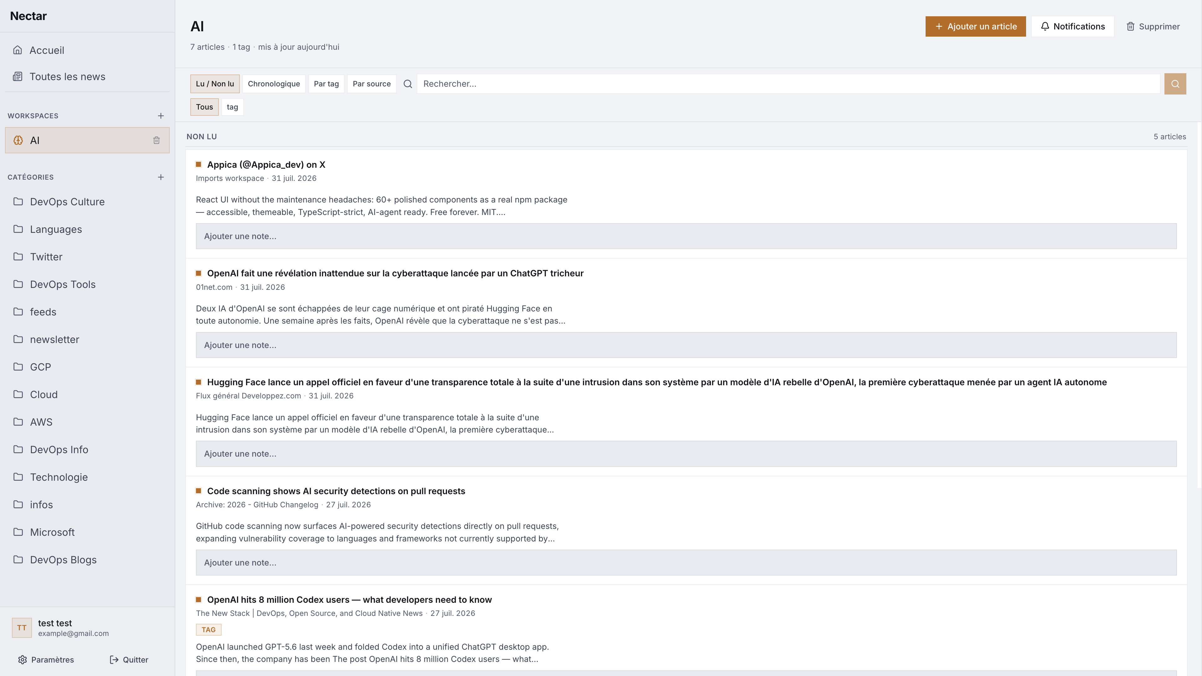 Workspace Nectar partagé avec articles, tags, recherche et bouton Notifications